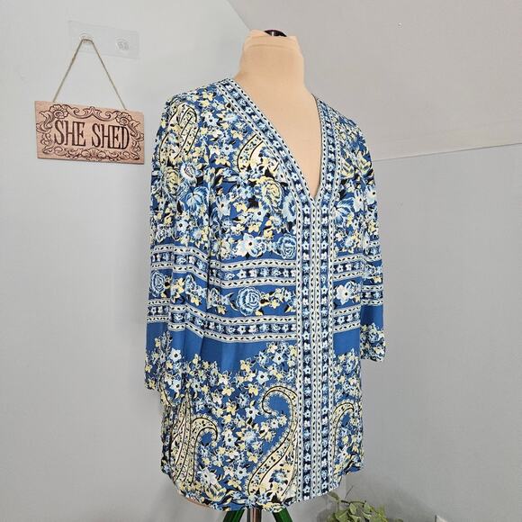 INC International Concepts Silk Blue Tunic Top 3/4 Sleevs Plus Size 14 Floral - Picture 3 of 15